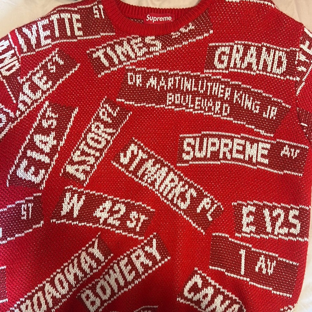 Supreme Red Crewneck Sweater with Graphic Design